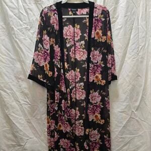 Torrid floral sheer chiffon black velvet trim long duster kimono size 1/2 L/XL